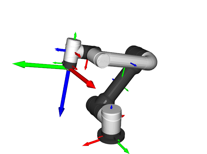Verification of forward kinematics calculated end-effector position (large frame marker) with URDF visualization